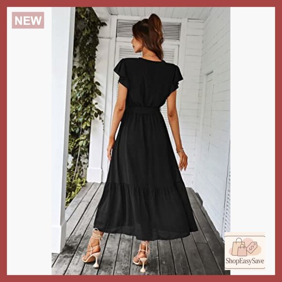 Floral Boho Maxi Dress Wrap V Neck Ruffle Long Flowy Summer Wedding Guest - Picture 3 of 7